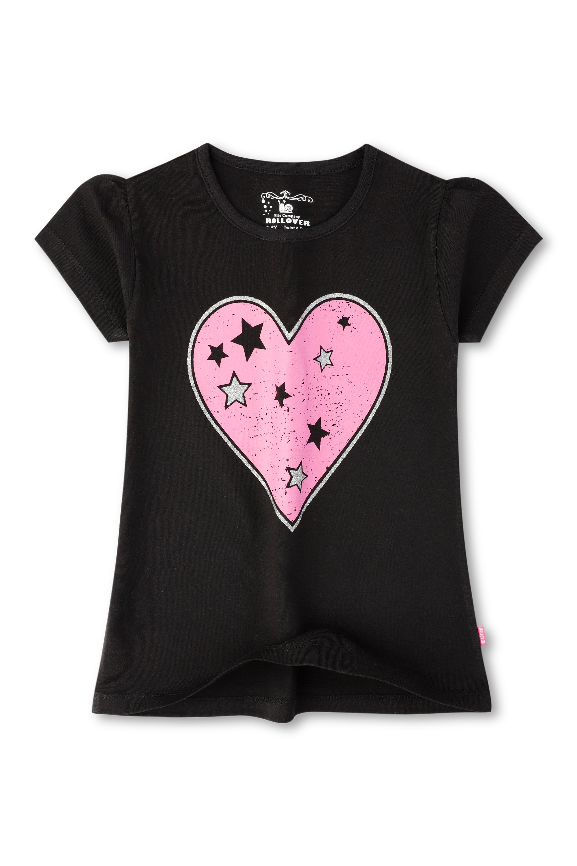 Girls Black T-shirt With Hearts & Stars