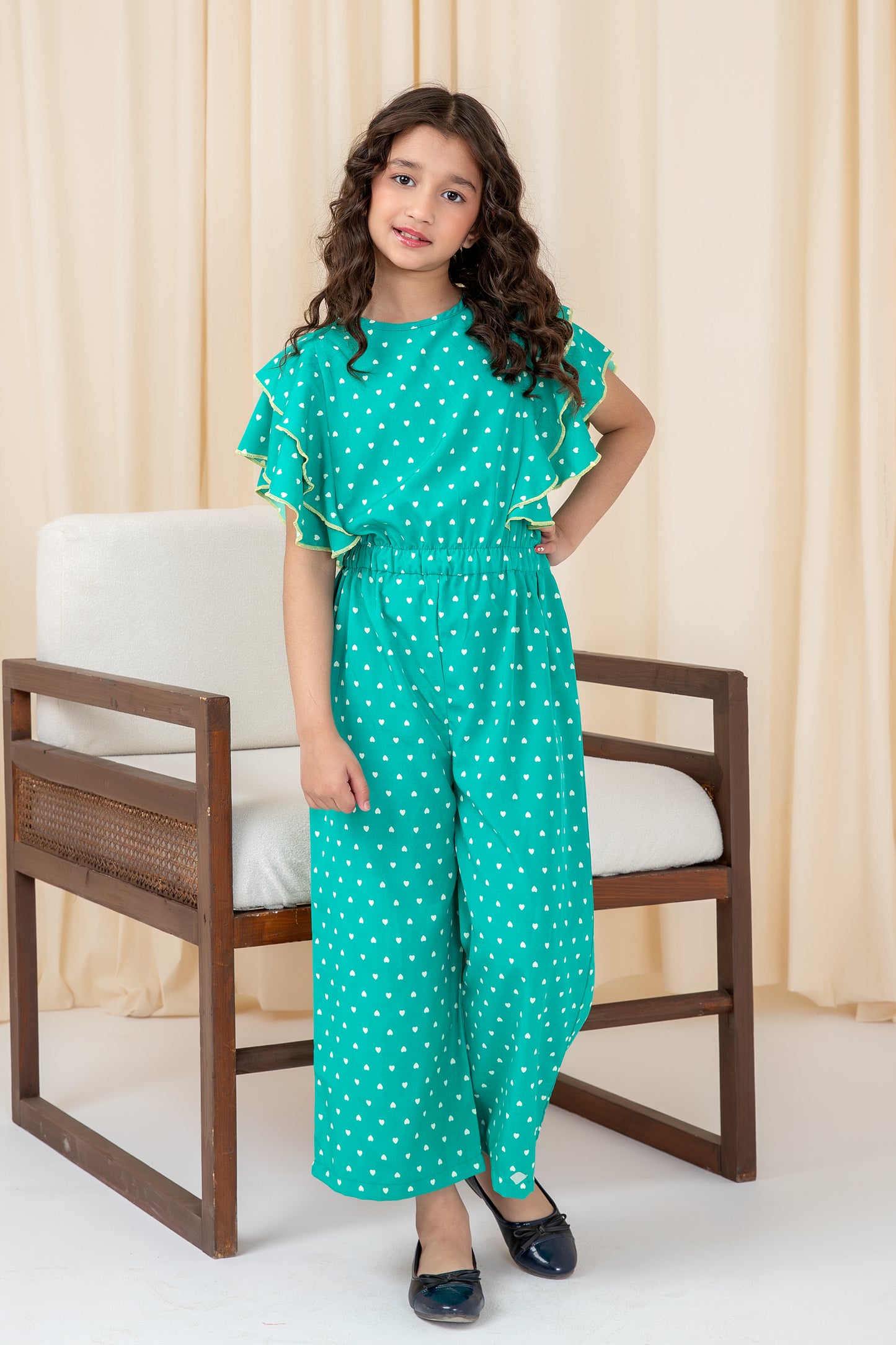 Green Heart-Printed Cotton Jumpsuit
