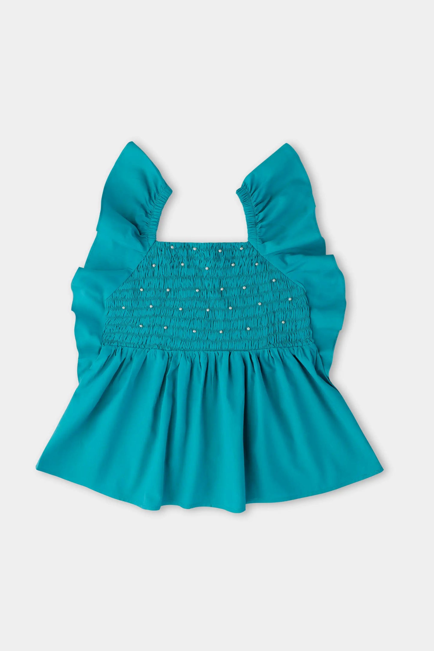 Green Pearl Embellished Smocked Top