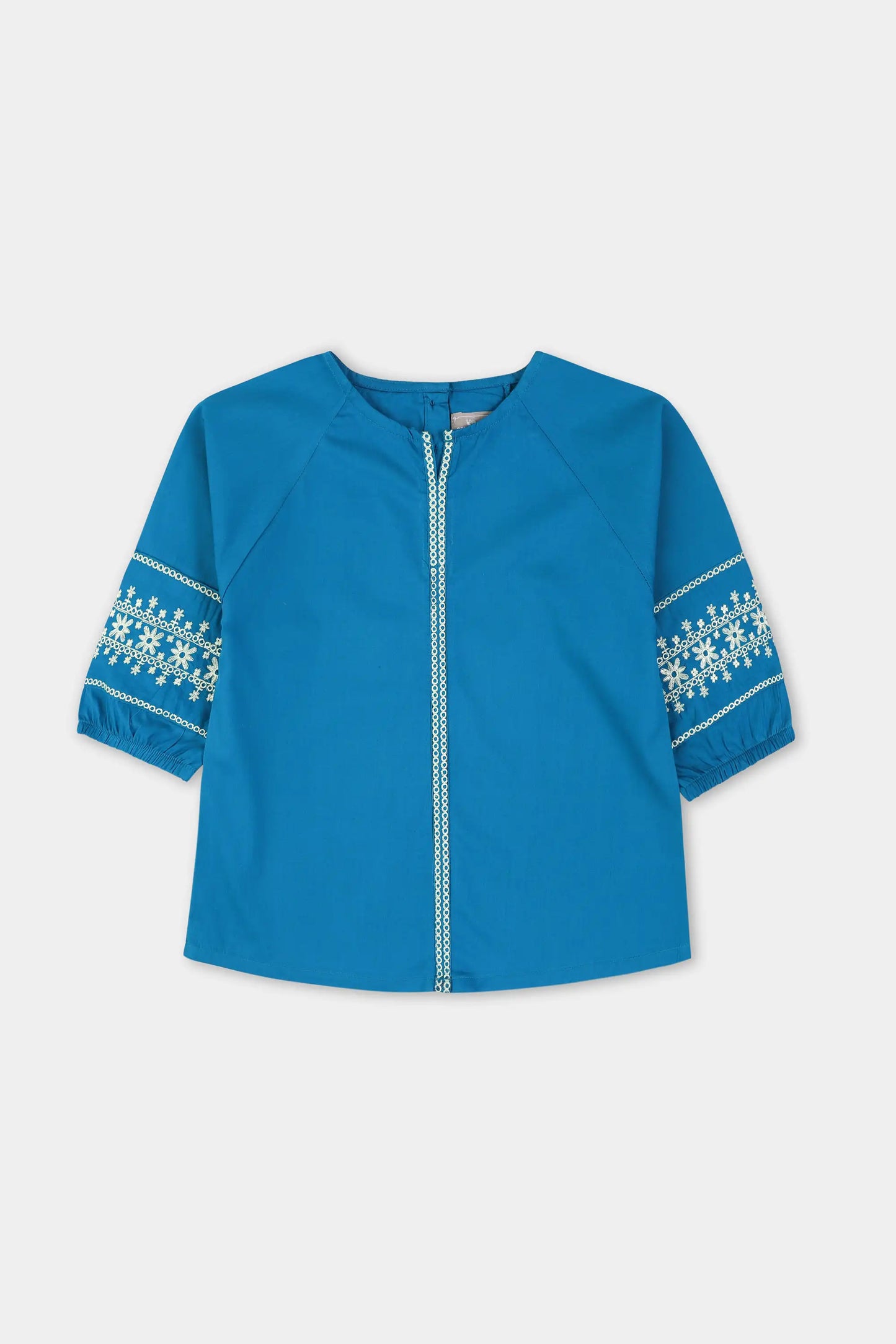 Girls' Blue Embroidered Raglan Top