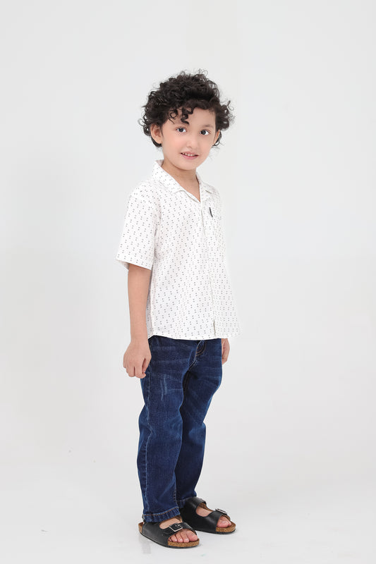 Boys White Crisp Printed Shirt