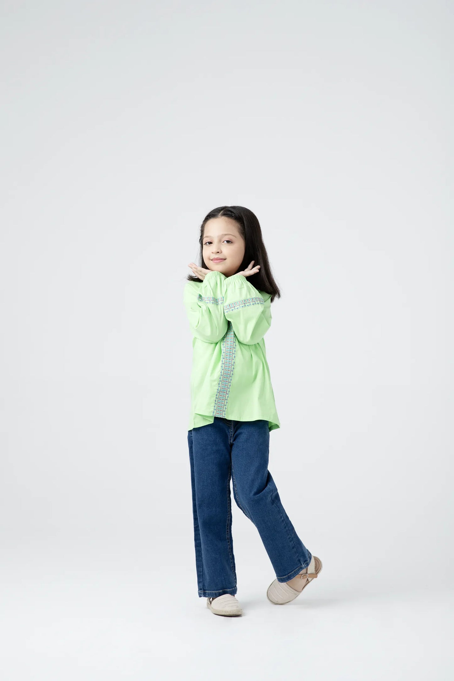 Green Embroidered Gathered Top