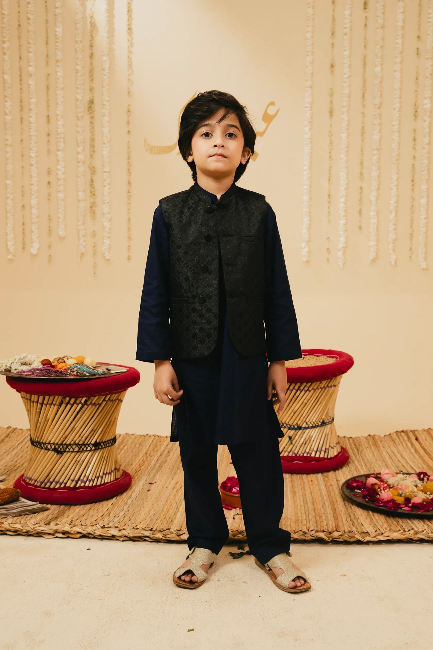 Boys Navy Blue Cotton Jacquard Kurta Set