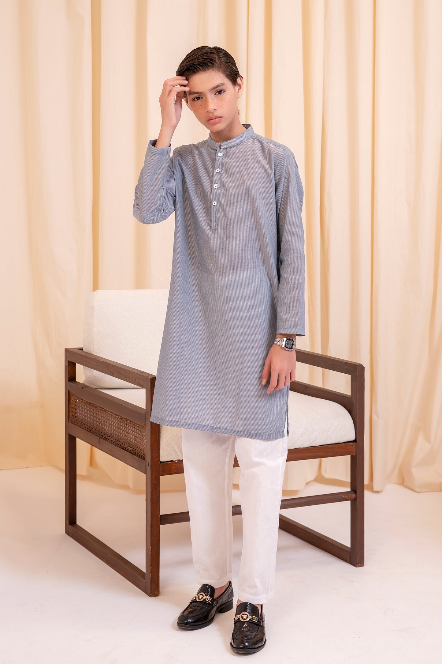 Boys Grey Classic Lined Kurta