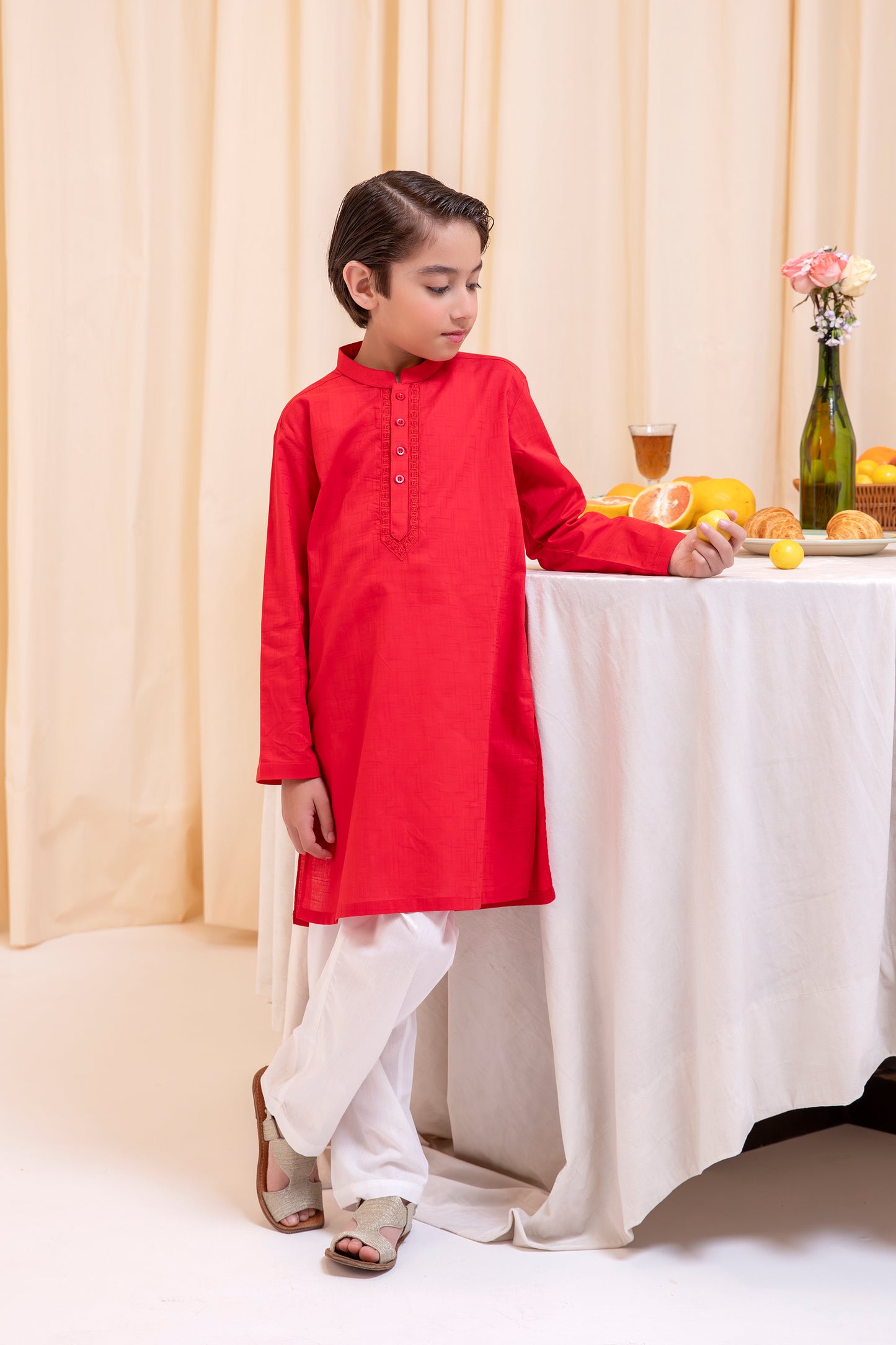 Boys Red Embroidered Cotton Kurta