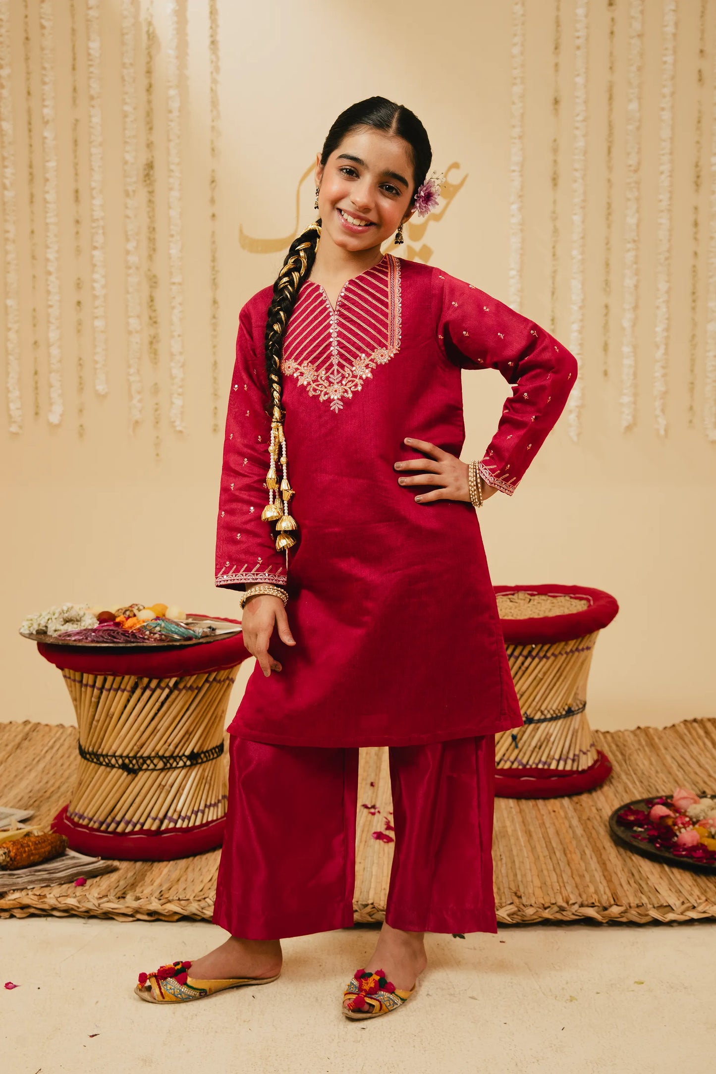 Maroon Cotton Net Kurta Set - 2pc