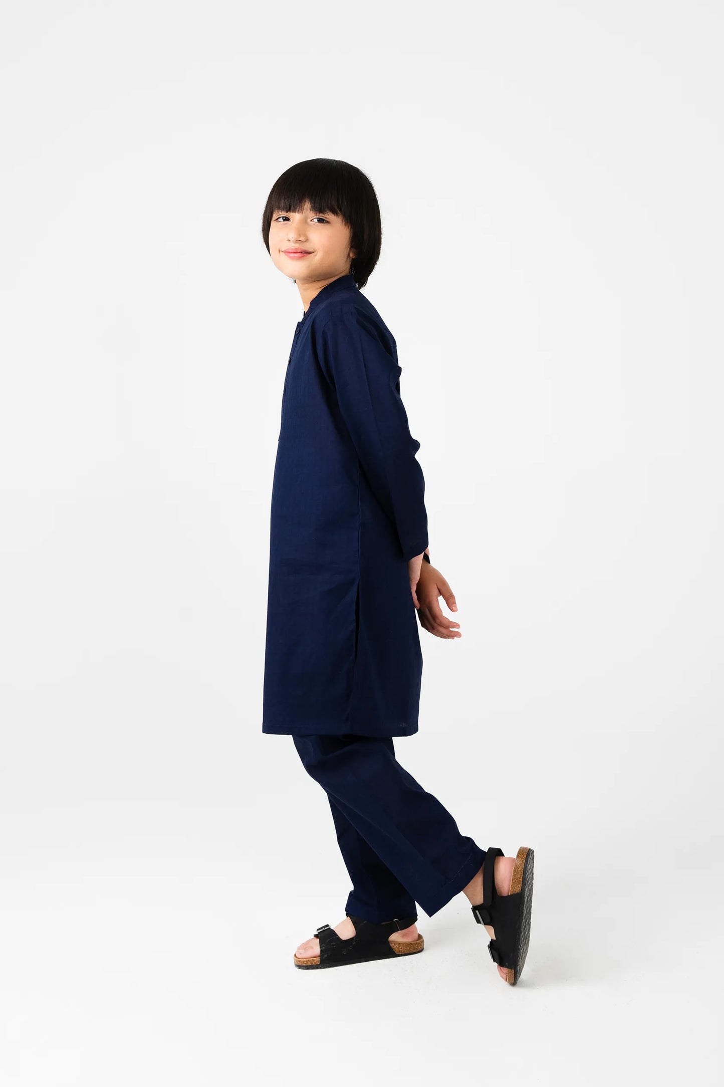 Boys Navy Blue Cotton Jacquard Kurta Set