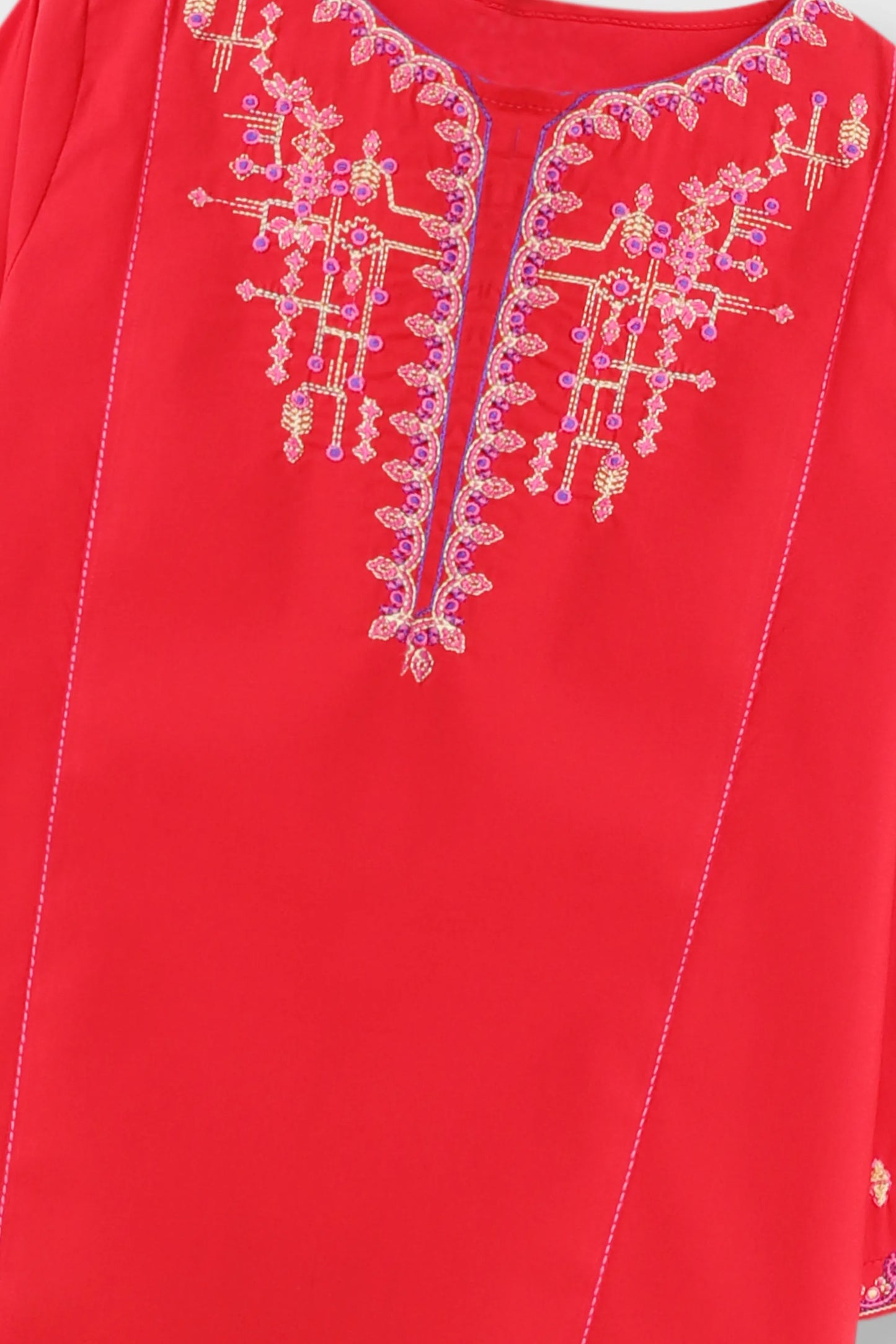 Festive Red Embroidered Cotton Kurta Shalwar - 2pc