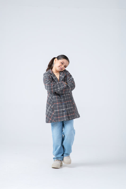 Girls' Green Checkered Felt Coat