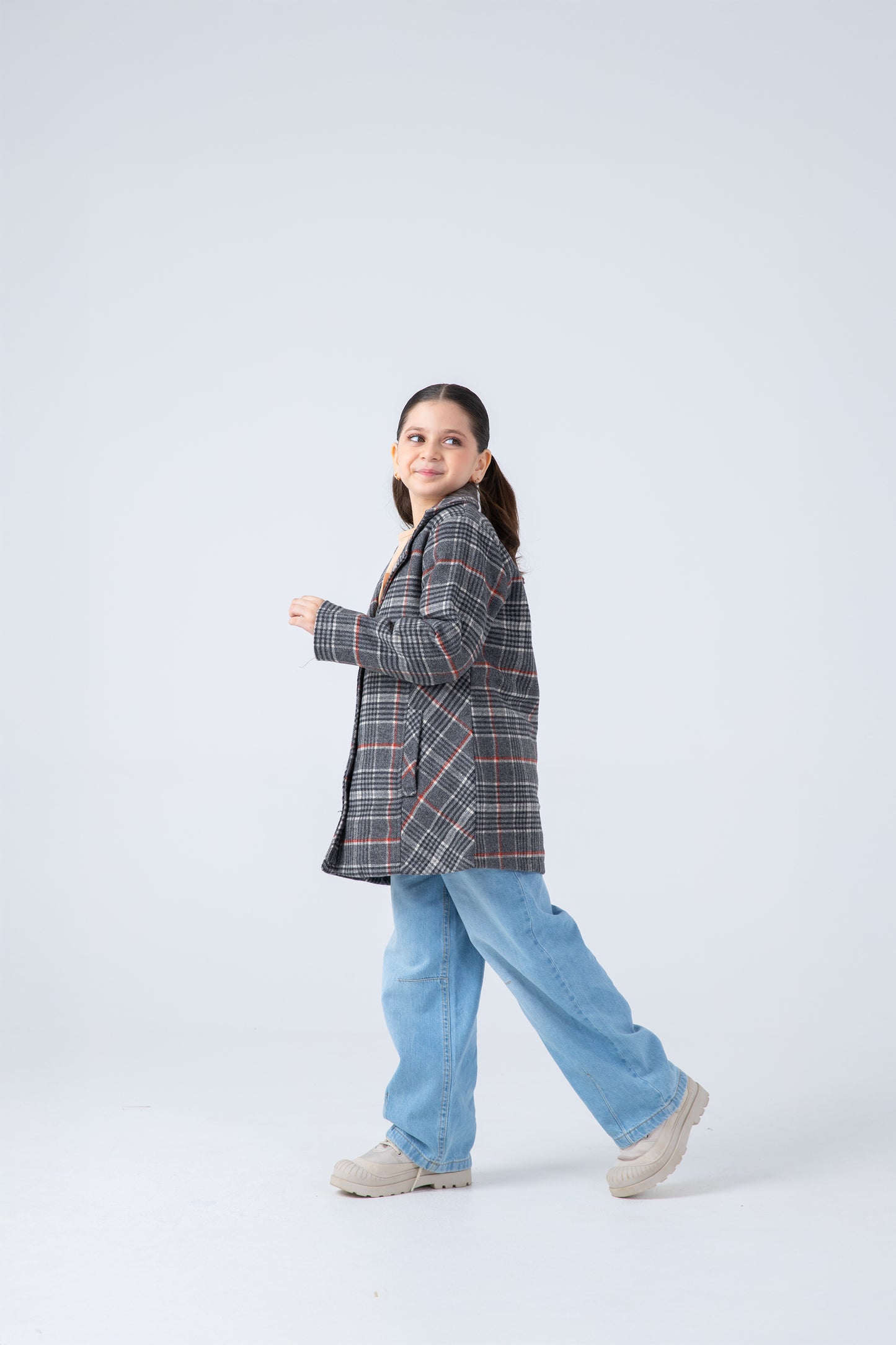 Girls' Green Checkered Felt Coat