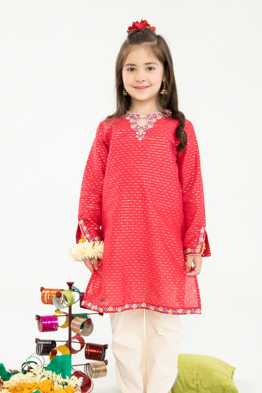 Girls Fancy Red Embroidered Kurta (2Pc)