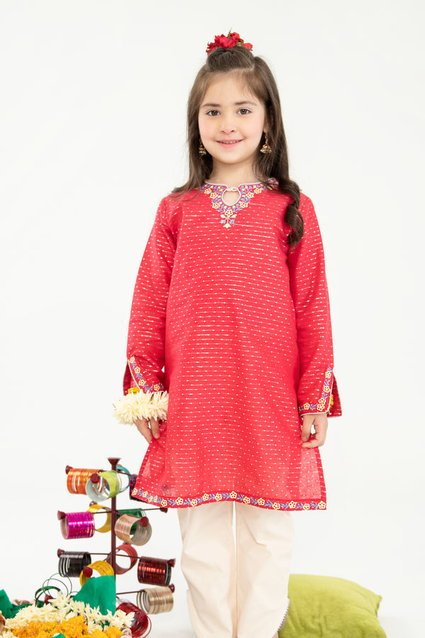 Girls Fancy Red Embroidered Kurta (2Pc)