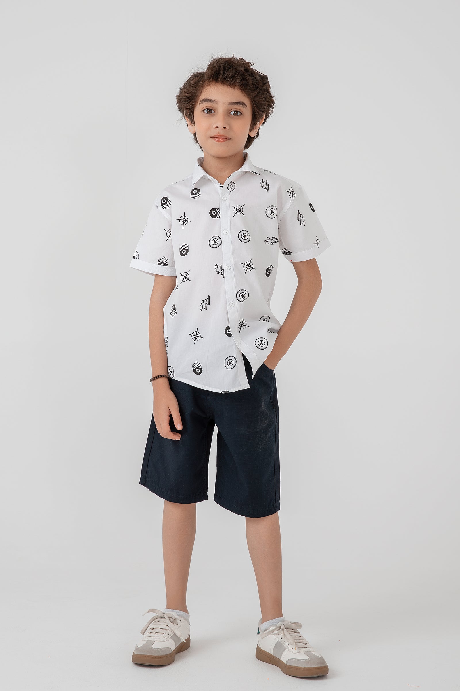 Boys White Printed Cotton Shirt