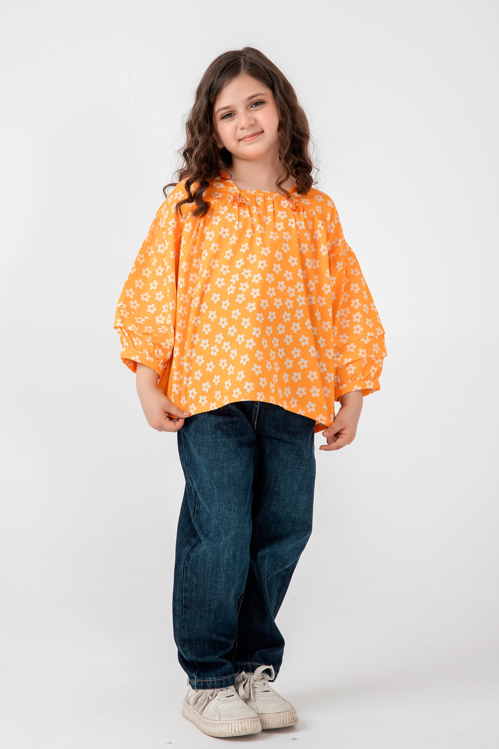 Orange Floral Gathered Top
