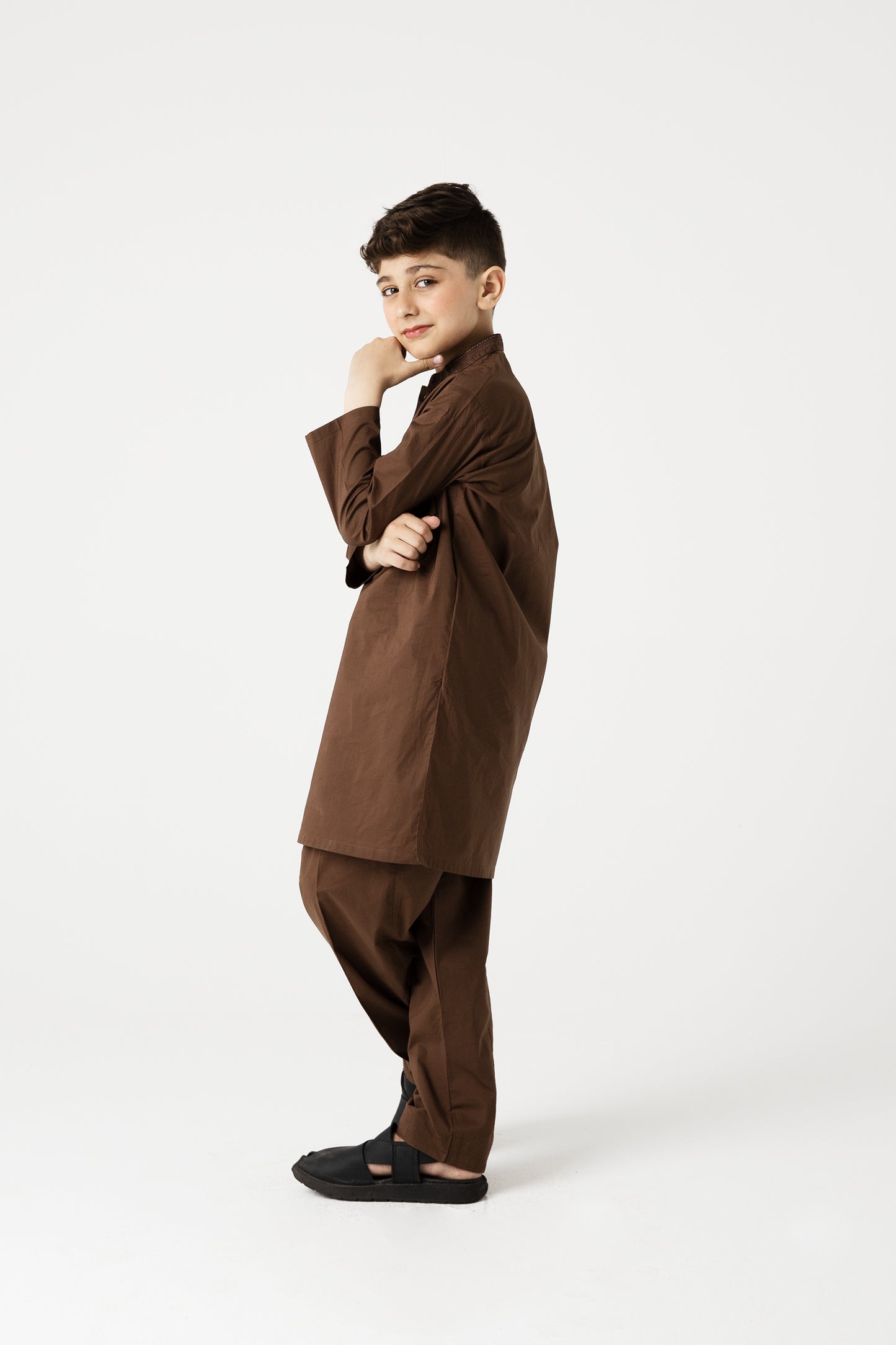 Boys Heritage Brown Embroidered Kurta Shalwar