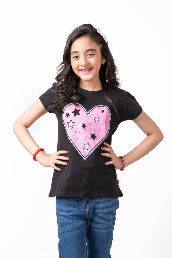 Girls Black T-shirt With Hearts & Stars