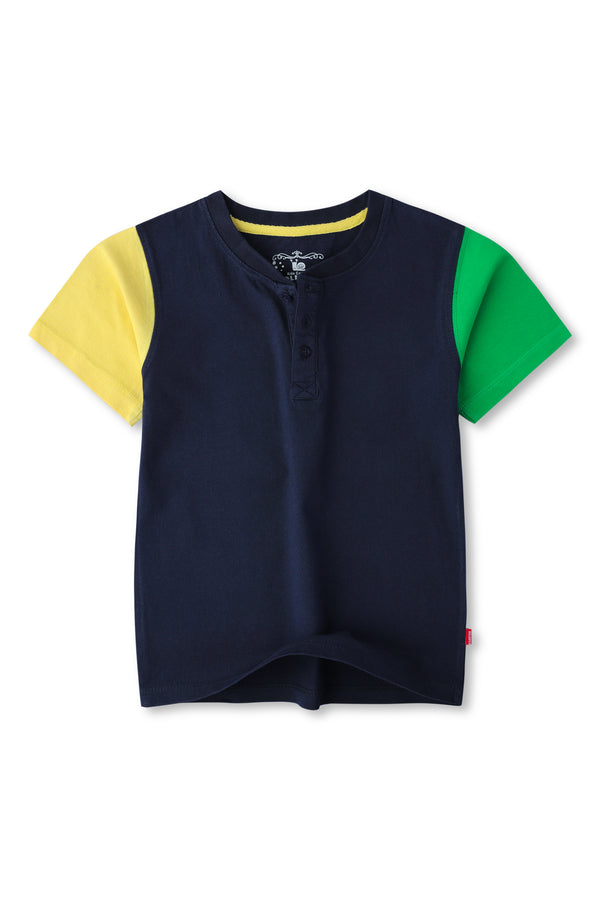 Boys Navy Blue Hanley Shirt With Multicolored Raglan Sleeves