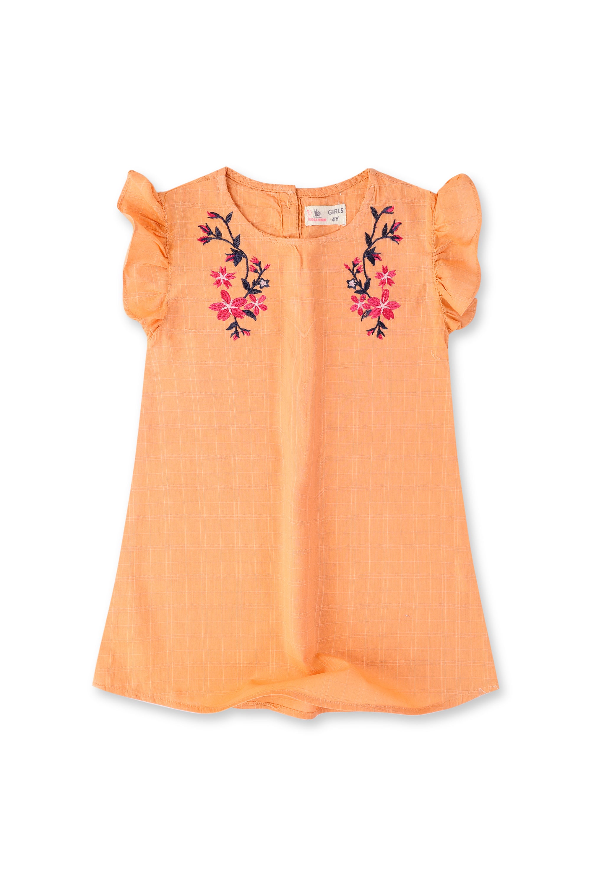 Girls Peach Checkered Embroidered Shirt