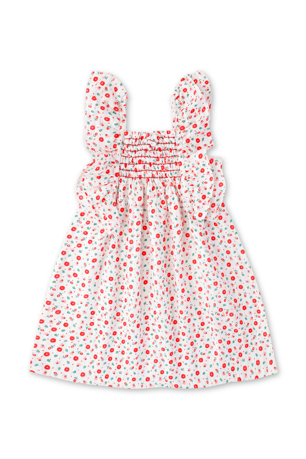 White and Red Ruffled Floral Dress - Girls