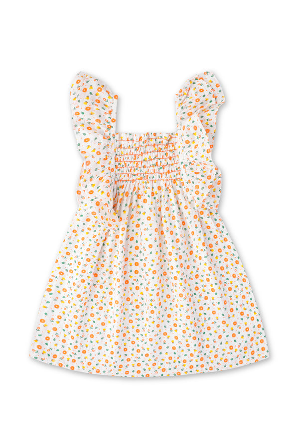 White and Orange Ruffled Floral Dress - Girls