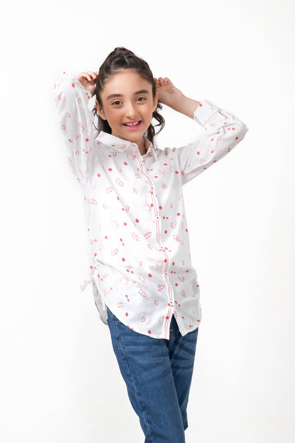 Girls White Embossed Printed Shirt