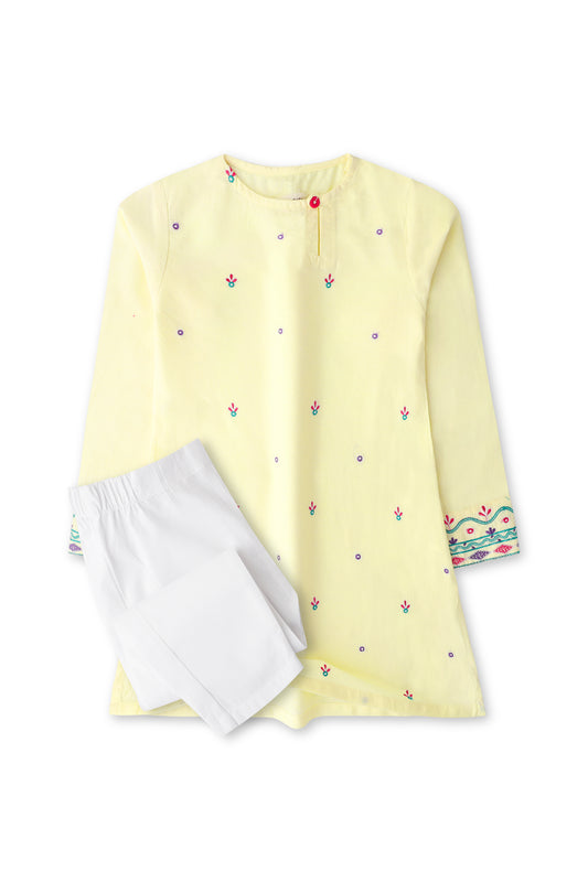 Girls Embroidered Yellow Kurta Trouser Set