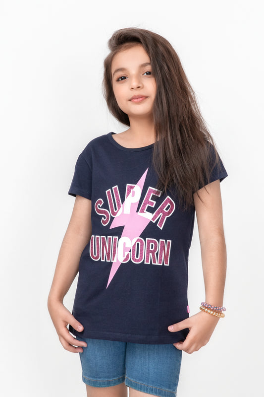 Girls Navy Blue Unicorn T-shirt