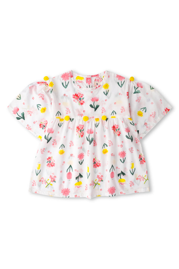 Girls White Floral Printed Top