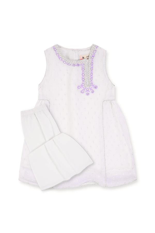 Girls White Embroidered Dress (2Pc)