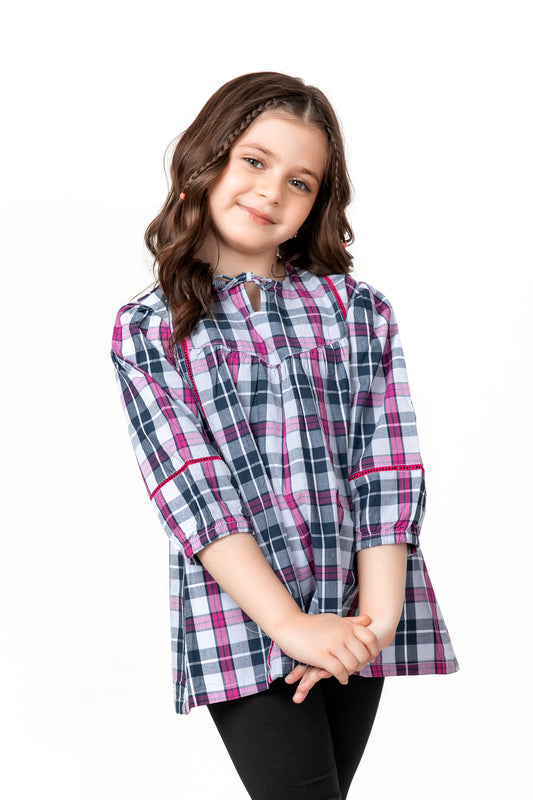 Girls Grey Printed Check Top