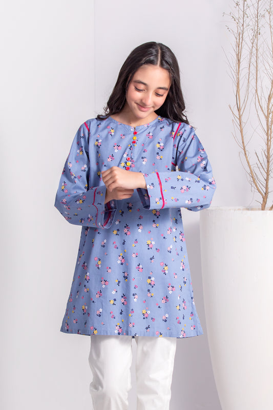 Girls Sky Blue Printed Kurti Set (2Pc)