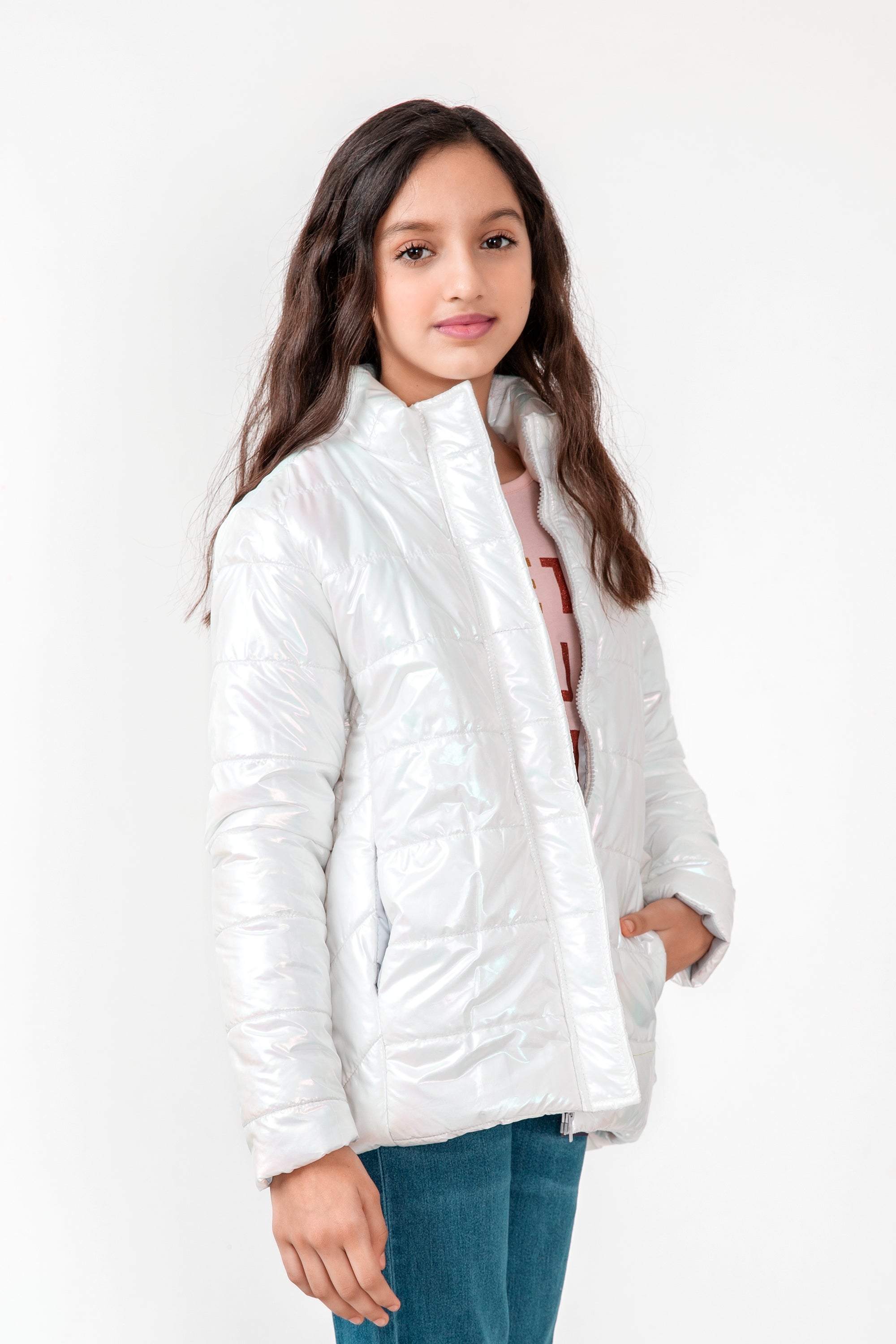 Girls Pearl White Puffer Jacket Rollover Kids Company