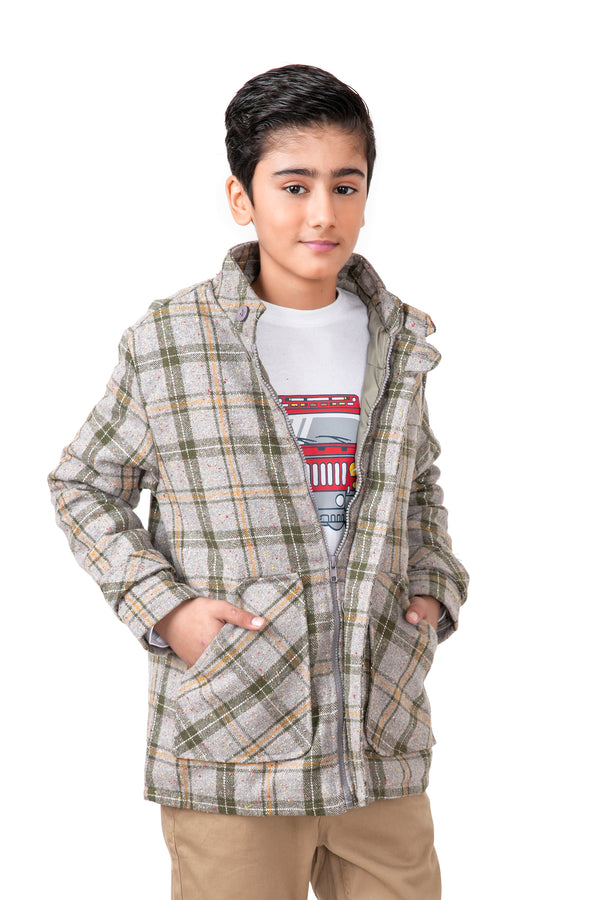 Boys Olive Green Check Coat