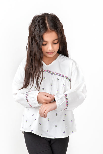 Girls White Embroidered Top