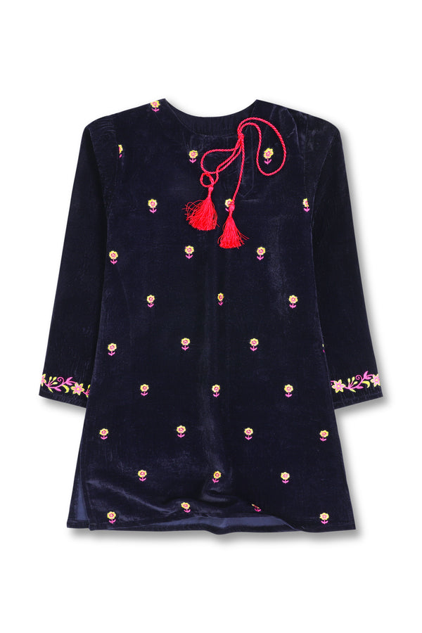 Girls Embroidered Navy Velvet Kurti