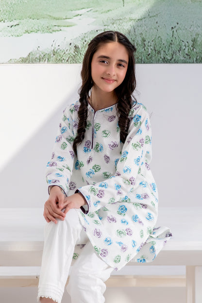 Girls White Printed Shalwar Kameez (2Pc)