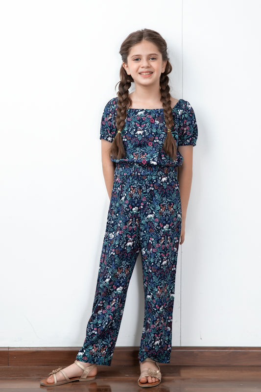 Blue Printed Linen Jumpsuit