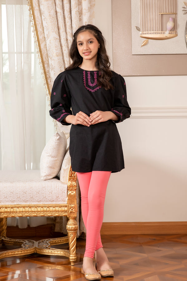 Pink Embroidered Black Cotton Top