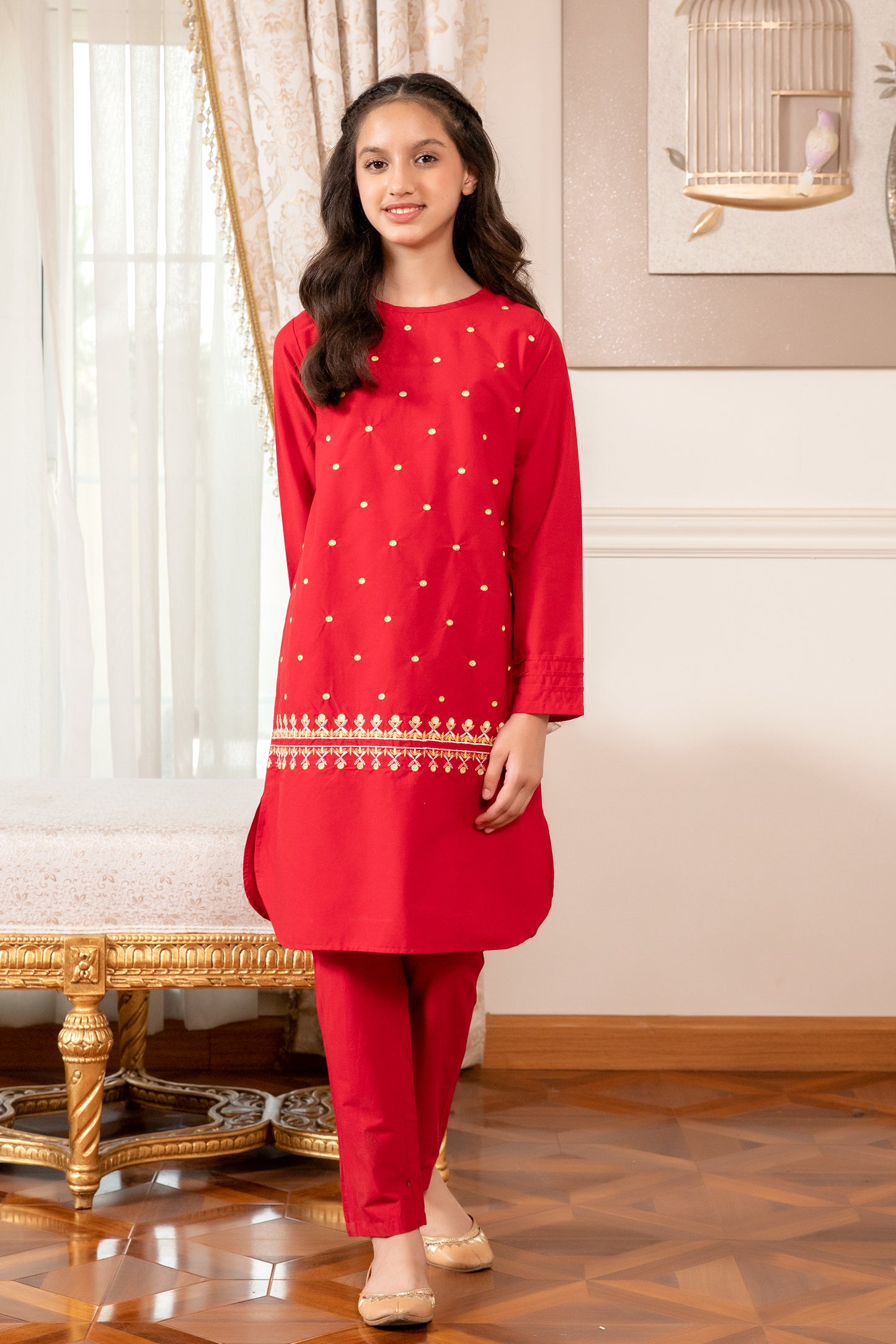 Red Cotton embroidered Kurta Set