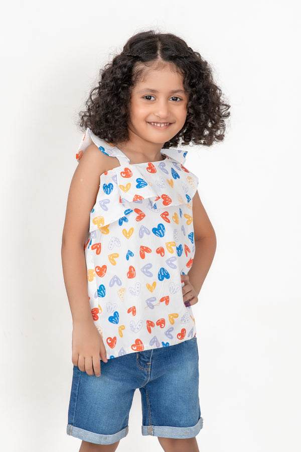 White Heart Printed Cotton Top