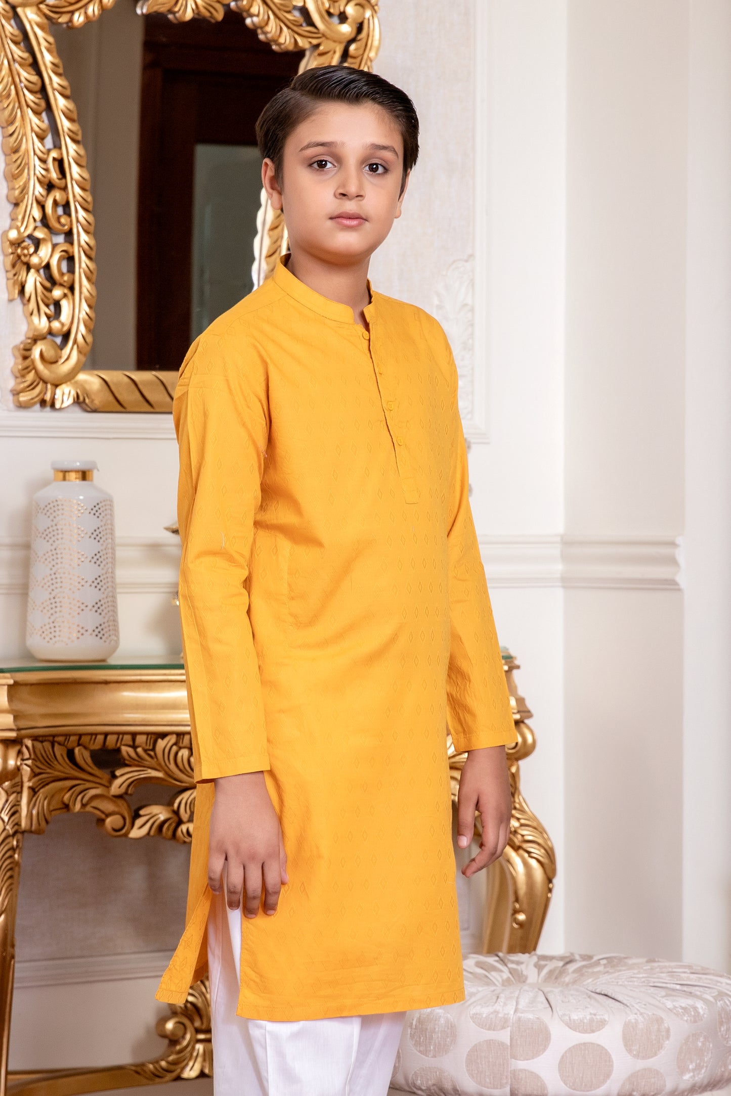 Mustard Jacquard Cotton Kurta