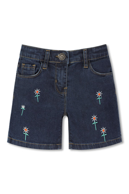 Indigo Embroidered Denim Shorts