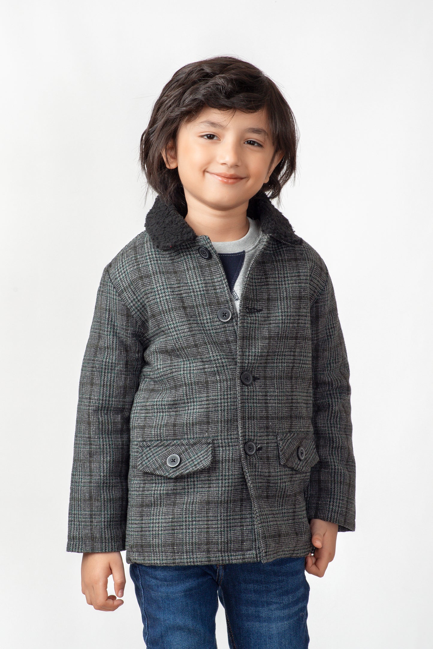 Boys Evergreen Checkered Felt Coat