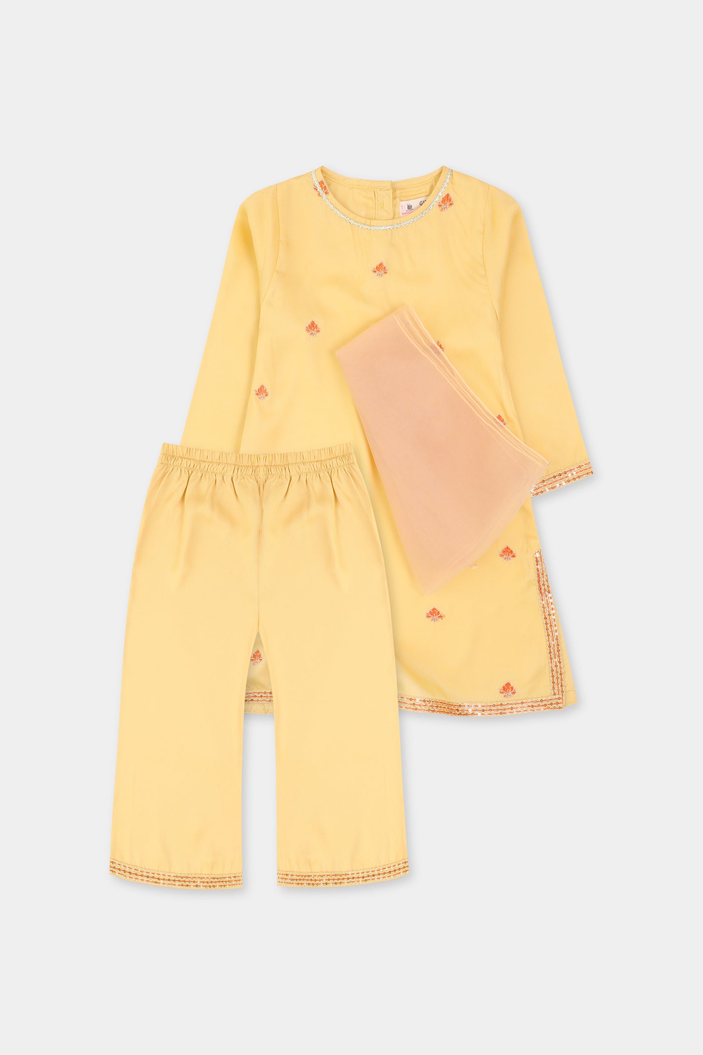 Girls' Yellow Embroidered Kurti Set - 3pc
