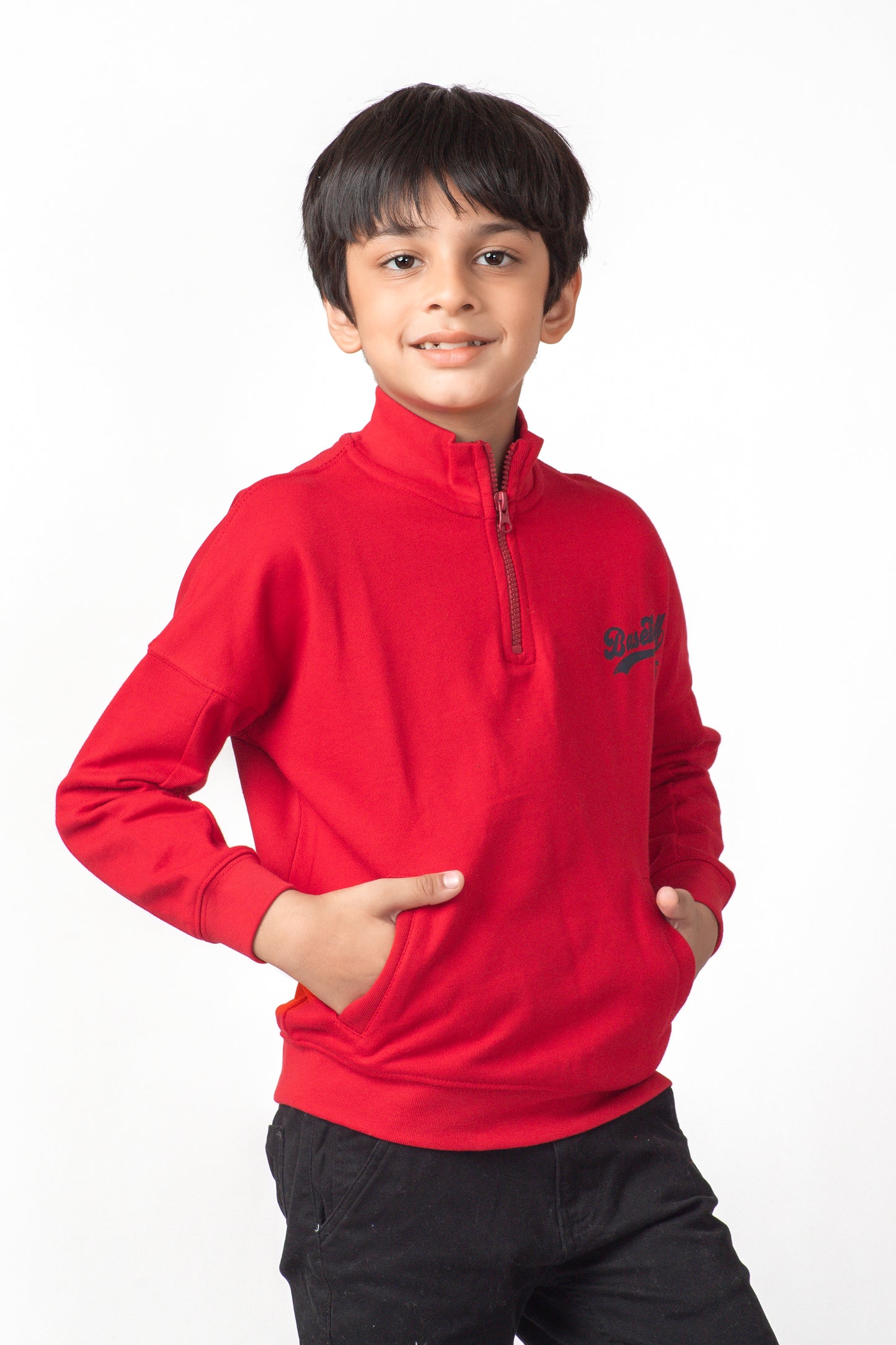 Boys Red Mock Neck Half-Zipper