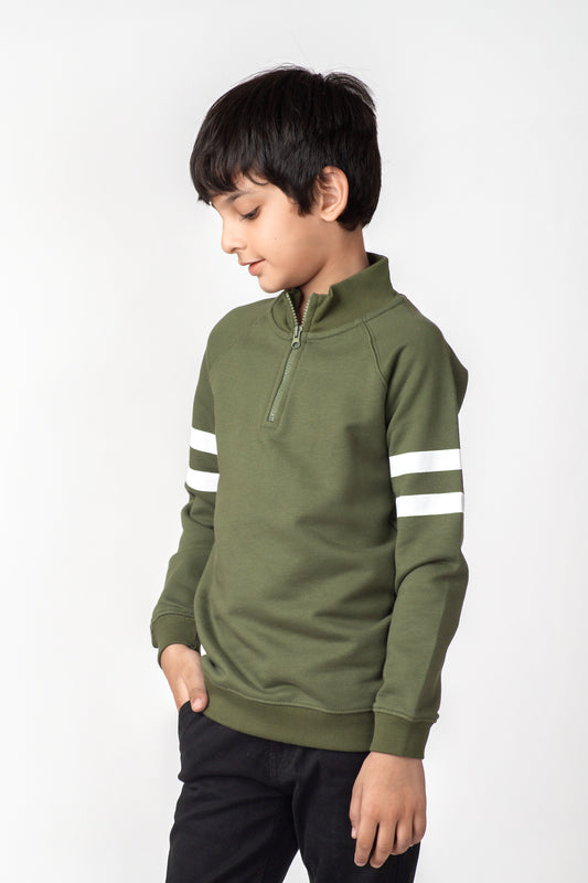 Boys Olive Mock Neck Half-Zipper