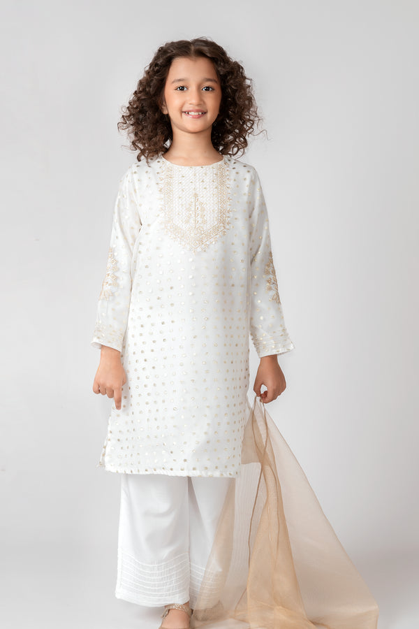 White and Gold Jacquard Net Kurta Set - 3pc