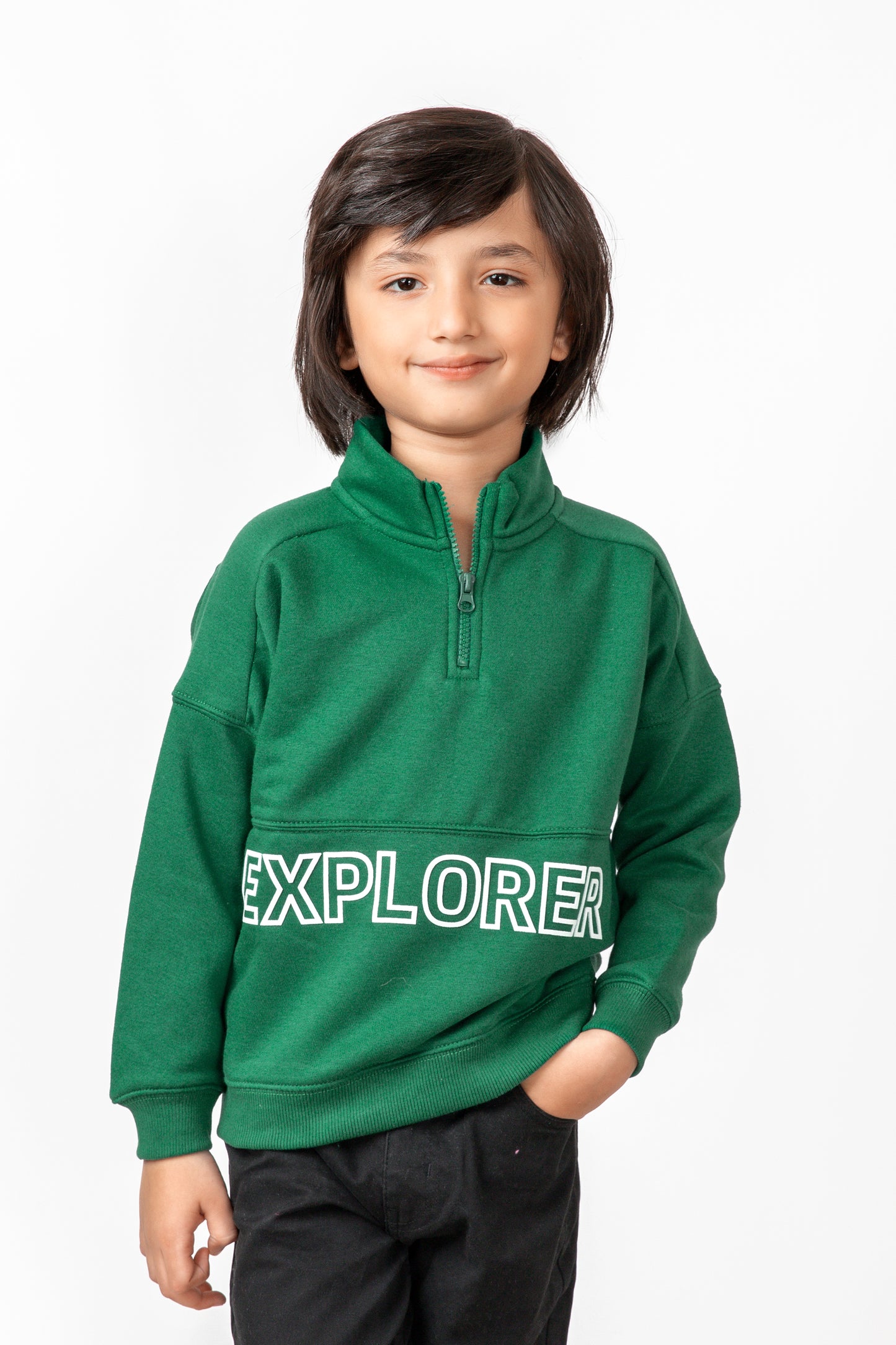 Boys' Green Mock Neck Half-Zipper