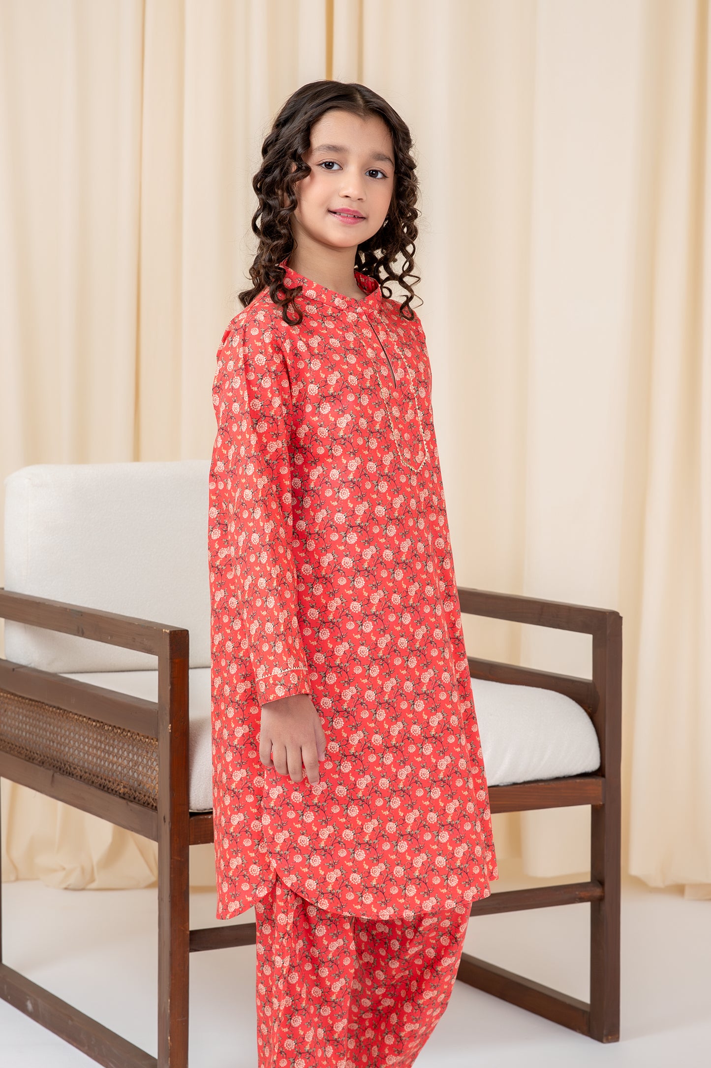 Red Floral Cotton Kurta Shalwar Set - 2pc