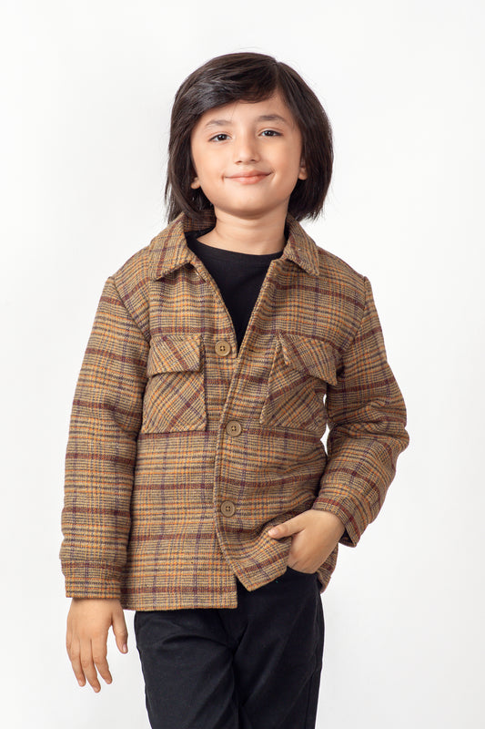 Boys Brown Checkered Felt Coat